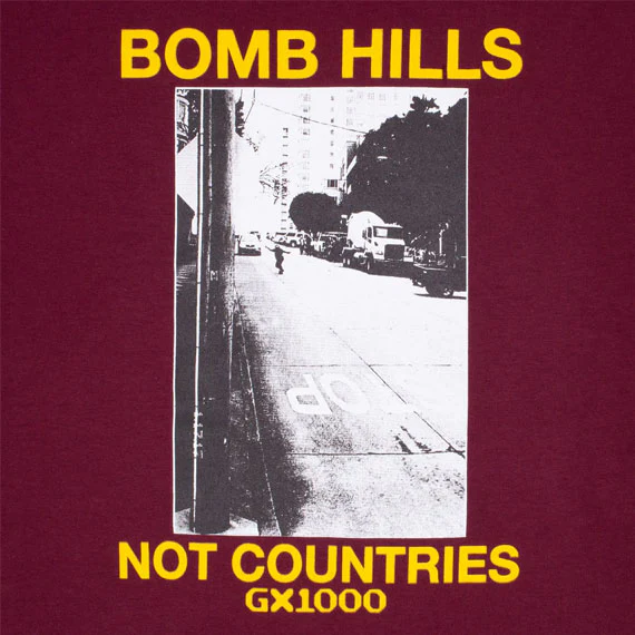 GX1000 Bomb Hills Not Countries T-Shirt Burgundy/Yellow - Image 2